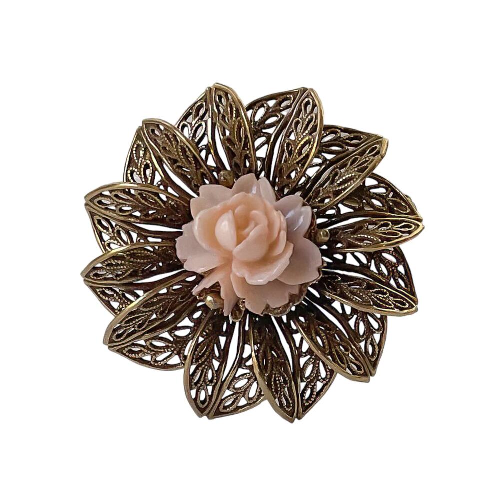 1960s Gold Plate FIligree Pedals Molded Pink Celluloid Center Flower Pin Brooch